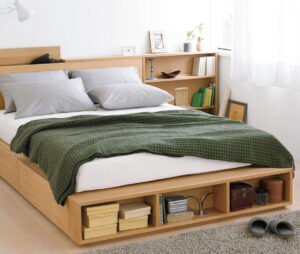Tempat Tidur Kayu Minimalis Modern dengan Rak Penyimpanan Multifungsi