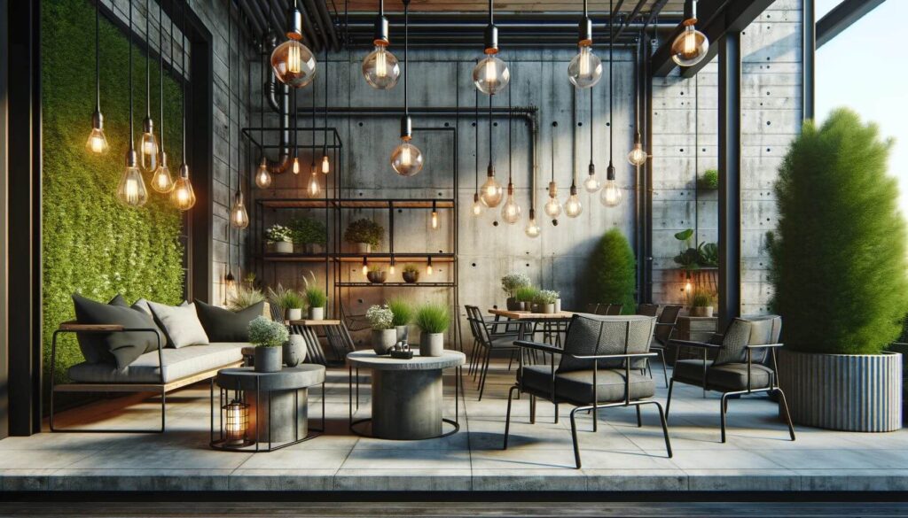 Balkon dan Taman depan Bergaya Industrial dengan Furniture Besi