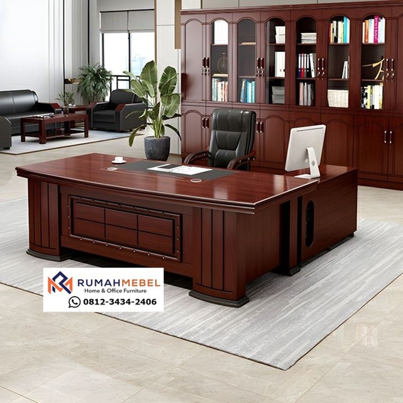 Set Meja Kerja Direktur Eksklusif Kayu Jati Desain Premium