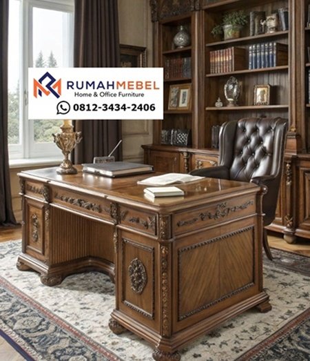 Set Meja Direktur Klasik Mewah Kayu Jati Ukiran Elegan – Rumah Mebel Jepara
