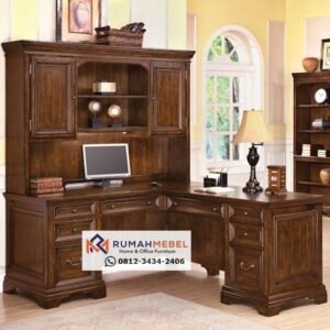 Set Meja Kerja Klasik Kayu Jati dengan Rak Buku Atas – Desain Elegan untuk Kantor & Rumah