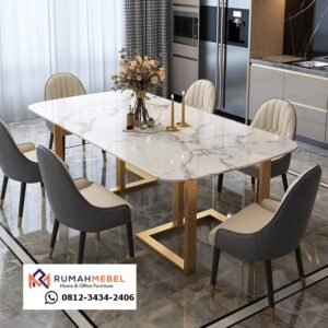 Set Meja Makan Mewah Top Marmer Kaki Stainless Gold Minimalis Modern