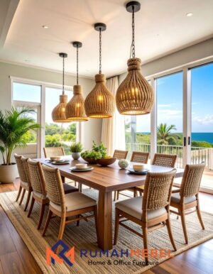 Set Meja Makan Kayu Solid 8 Kursi dengan Tali Anyaman Estetika Coastal