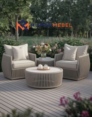 Set Kursi Teras Outdoor Modern Rotan/Tali Sintetis Melingkar dengan Meja Kopi Minimalis