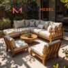 Set Sofa Sectional Outdoor Kayu Solid Jati Modern dengan Bantalan Tebal