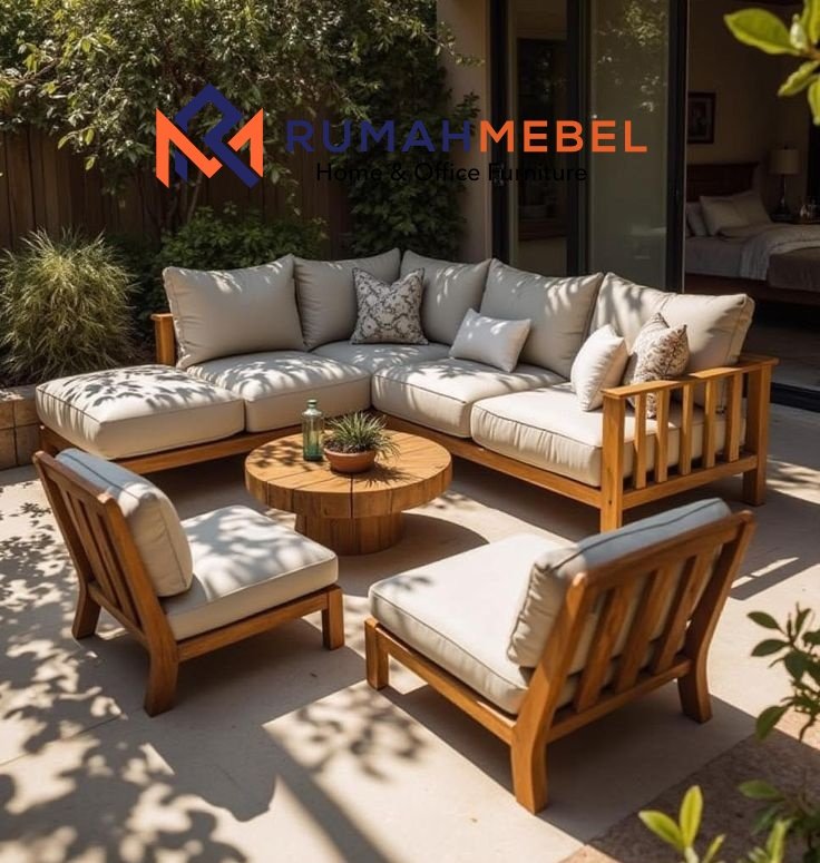 Set Sofa Sectional Outdoor Kayu Solid Jati Modern dengan Bantalan Tebal