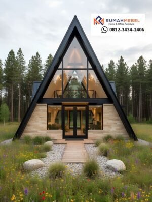 Kabin A-Frame Mewah: Elegan Batu alam, kaca penuh, dan arsitektur segitiga