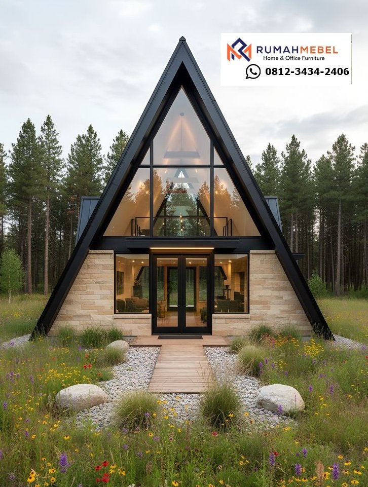 Kabin A-Frame Mewah: Elegan Batu alam, kaca penuh, dan arsitektur segitiga