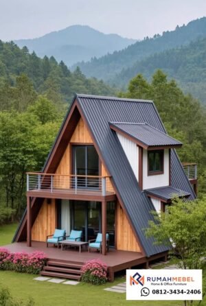 Kabin A frame Modern Minimalis: Desain dengan jendela Dormer fungsional