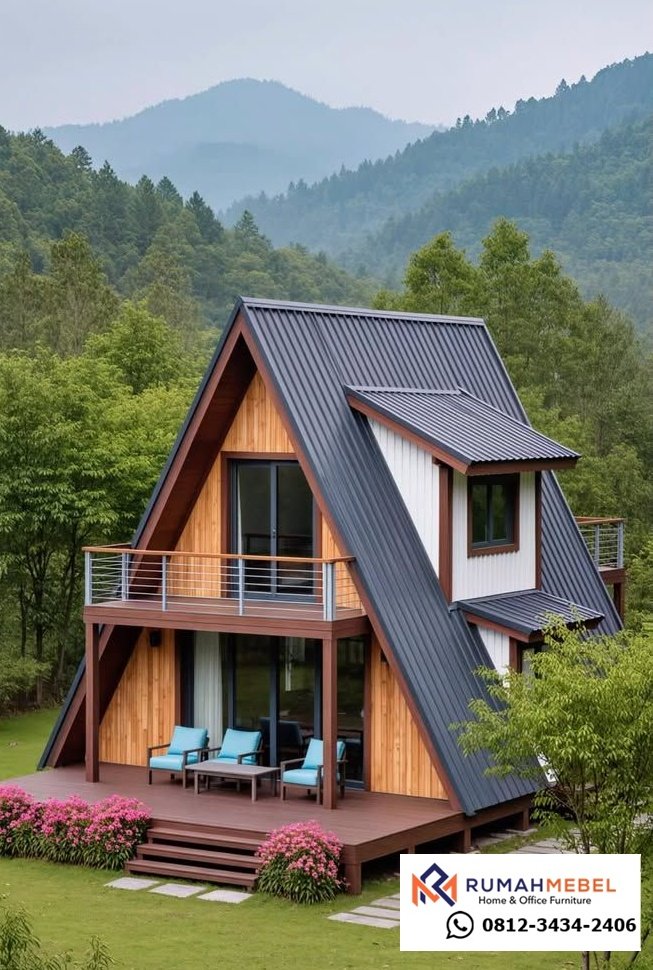Kabin A frame Modern Minimalis: Desain dengan jendela Dormer fungsional