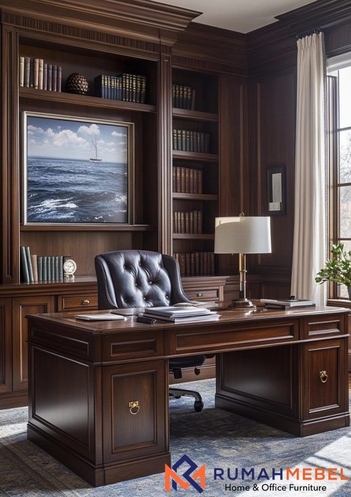 Set Kantor Direktur Klasik Premium – Meja Kerja Ukir & Lemari Buku Kayu Solid