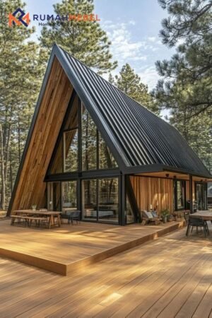 Villa A-Frame Modern dengan Teras Kayu Luas dan Dinding Kaca Elegan