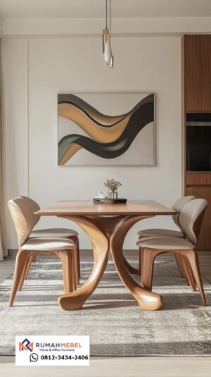 Meja Makan Mid-Century Modern Kaki Kurva Artistik Kayu Jati Solid - Set 4 Kursi