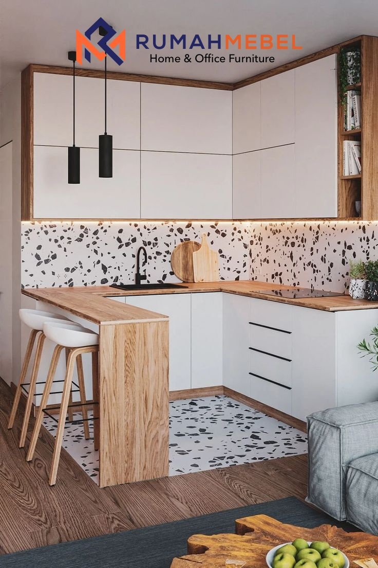 Set Dapur Minimalis Modern L-Shape Putih Kayu Oak dengan Peninsula Bar Cafe