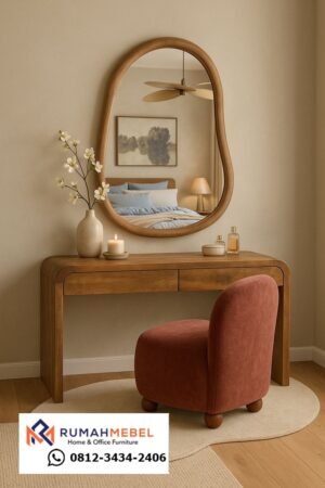 Set Meja Rias Minimalis Kontemporer Kayu Jati Solid dengan Cermin Organik Modern