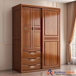 Lemari Pakaian Kayu Jati 3 Pintu Sliding & Swing