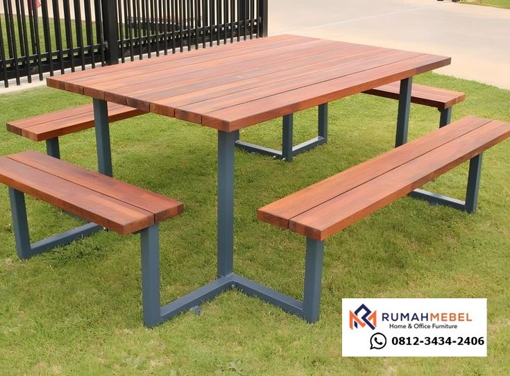 Set Meja Piknik Outdoor Kayu Solid & Besi Minimalis