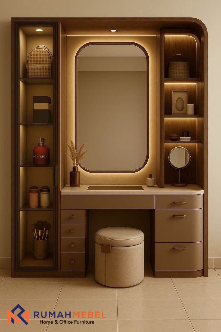 Meja Rias Minimalis Cermin Oval LED untuk Kamar Tidur Kekinian