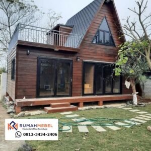Kabin Kayu Modern Eksklusif: Paduan Desain A-Frame dan Flat Roof dengan Balkon Atas