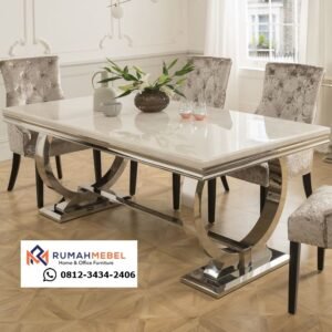 Set Meja Makan Marmer Minimalis Kaki Stainless Steel Chrome