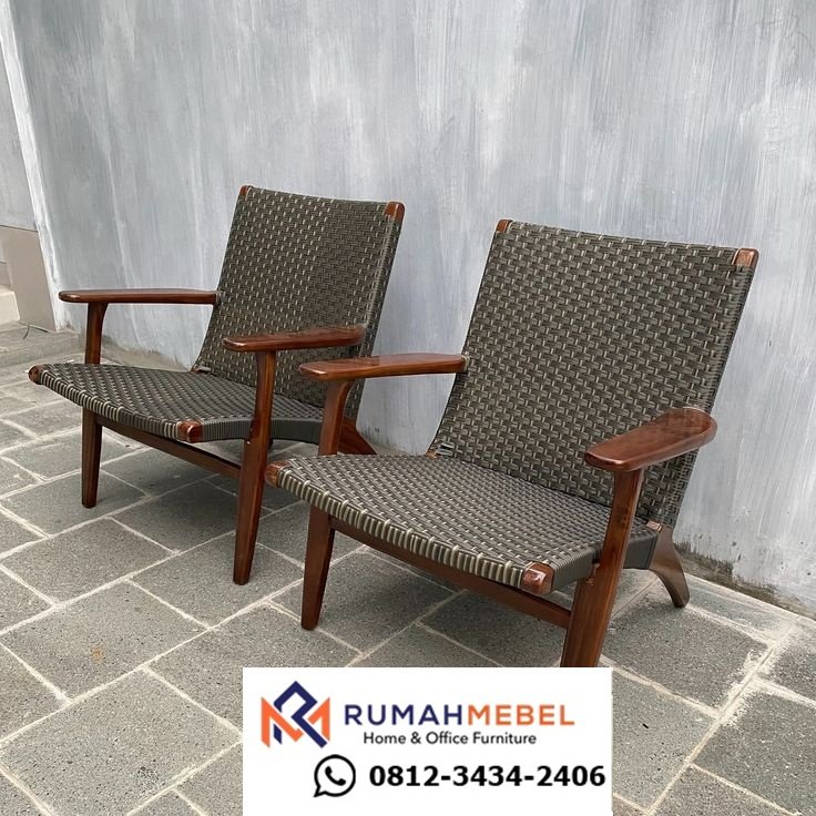 Kursi Santai Jati Anyaman Rotan Sintetis - Armchair Jati Gaya Mid-Century