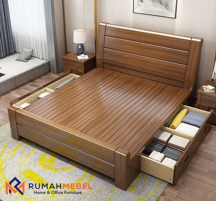 Ranjang Tempat Tidur Kayu Jati Minimalis Modern: Dilengkapi Laci Penyimpanan Praktis