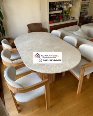 Set Meja Makan Oval Marmer Premium 6 Kursi Kayu Jati Modern - Desain Mewah Kontemporer