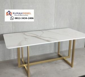 Meja Makan Marmer Putih Calacatta Kaki Besi Emas Modern Minimalis