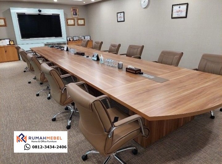 Meja Rapat Oval Panjang Custom Lapisan HPL Kayu