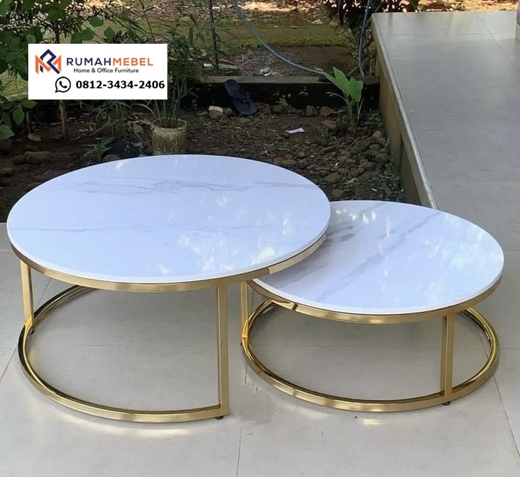 Set Meja Tamu Marmer Stainless Gold – Desain Modern Mewah Elegan untuk Ruang Tamu