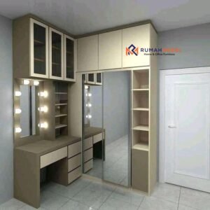 Meja Rias dan Lemari Pakaian Modern Minimalis dengan Cermin Sliding & Lampu LED