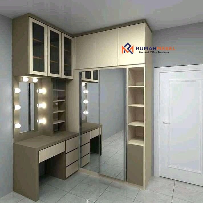Meja Rias dan Lemari Pakaian Modern Minimalis dengan Cermin Sliding & Lampu LED