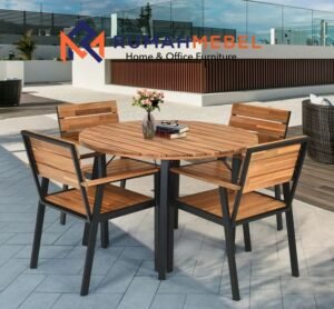 Set Meja Kursi Taman Outdoor Kayu & Besi Minimalis Elegan