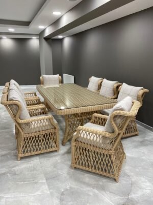Set Dining Rotan Elegance - Set Meja Makan Rotan Klasik dengan Kaca & Bantalan Tebal