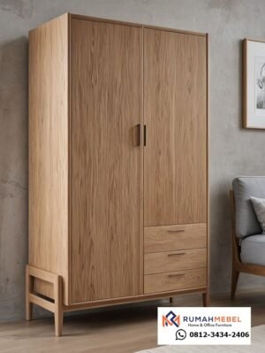 Lemari Pakaian Minimalis Modern 2 Pintu dan 3 Laci Kayu Solid – Penyimpanan Kontemporer Estetik