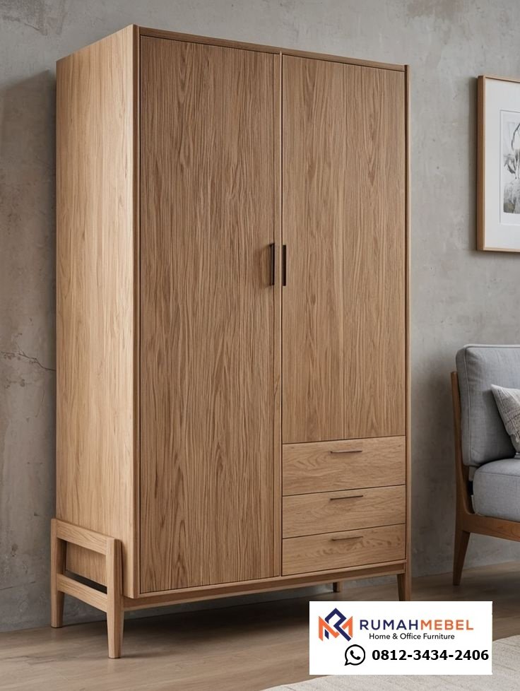 Lemari Pakaian Minimalis Modern 2 Pintu dan 3 Laci Kayu Solid – Penyimpanan Kontemporer Estetik