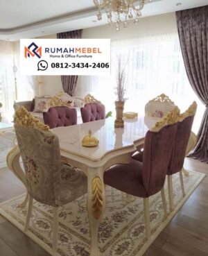 Set Meja dan Kursi Makan Mewah – Sentuhan Ukiran Emas Gaya Eropa Modern
