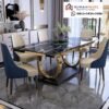 Set Meja Makan Marmer Hitam Nevada Mewah Kaki Cincin Emas – Desain Kontemporer Glamour