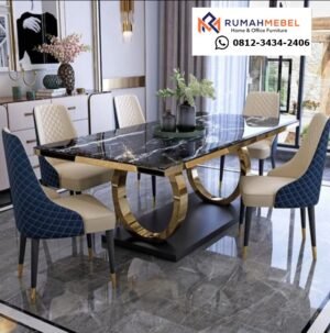 Set Meja Makan Marmer Hitam Nevada Mewah Kaki Cincin Emas – Desain Kontemporer Glamour