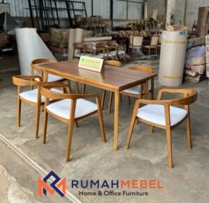 Set Meja Makan Minimalis Kayu Jati 6 Kursi Modern Retro