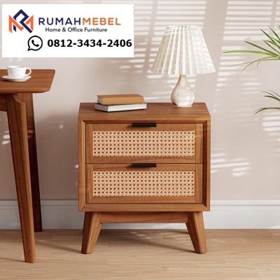 Nakas Jati 2 Laci Rotan Minimalis - Sentuhan Skandinavia yang Hangat di Ruang Tidur Anda