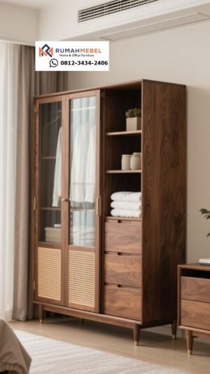 Lemari Pakaian Kayu Jati Minimalis Pintu Kaca & Rotan | Jual Wardrobe Modern Estetik RUMAH MEBEL