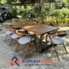 Set Meja Makan Kayu Solid 8 Seater Industrial Modern | Kursi Wishbone Kain Abu-abu