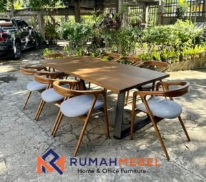 Set Meja Makan Kayu Solid 8 Seater Industrial Modern | Kursi Wishbone Kain Abu-abu