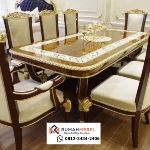 Set Meja Makan Klasik Ukiran Gold Mewah 8 Seater | Furniture Ruang Makan Elite