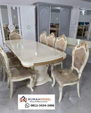 Meja Makan Luxury Klasik Modern 8 Seater - Ukiran Emas Duco Putih Elegant
