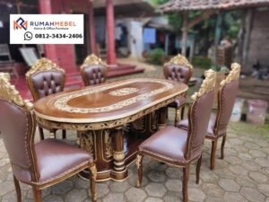 Set Meja Makan Klasik Mewah Ukiran Jati 6 Kursi - Finishing Cokelat Kombinasi Emas