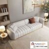 Sofa Ruang Tamu Mewah Kontemporer 3 Seater Putih Beludru – Aksen Gold Stainless Steel