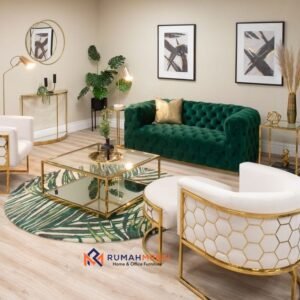 Set Sofa Chesterfield Velvet Hijau & Meja Kaca Emas