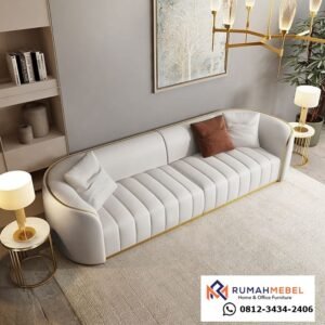 Sofa Ruang Tamu Mewah Kontemporer 3 Seater Putih Beludru – Aksen Gold Stainless Steel